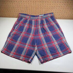 Eddie Bauer mens red blue purple plaid chino shorts 36 EUC